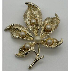 Vintage Coro Brooch, Gold Tone, Five Lobe Leaf W/Faux Pearls on Each Leaf Signed